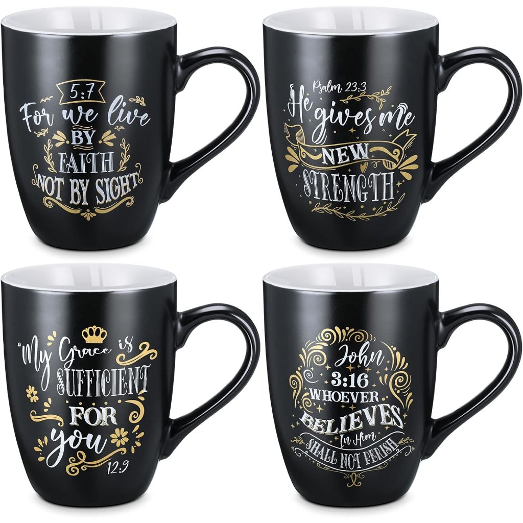 4 Pcs Christian Coffee Mugs Set Black Stoneware Bible Coffee Mugs For Men Women